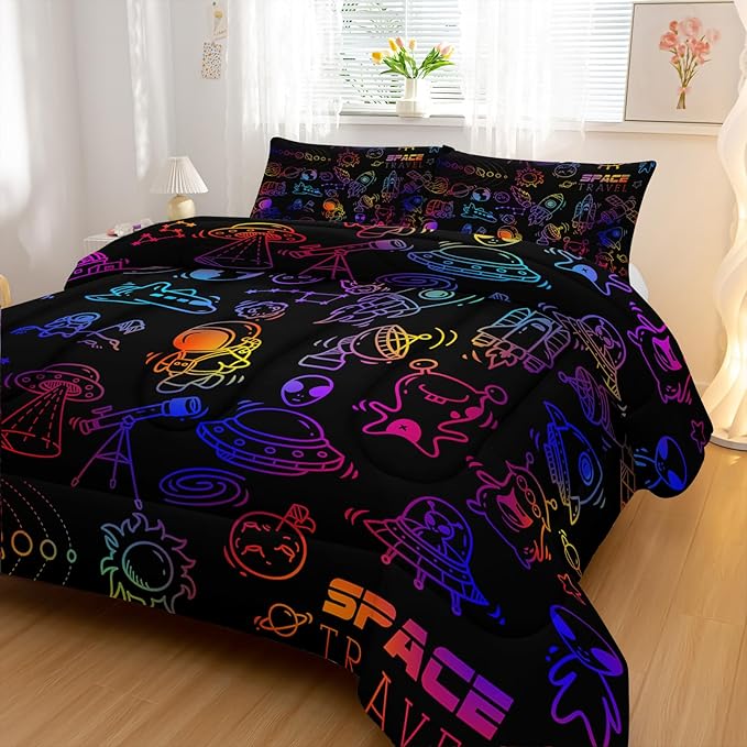 Cartoon Space Comforter Set for Kids Boys Girls,3 Pieces Outer Space Bedding King Size,Rocket Planet Spaceship Travel Toddler Bedding Set for Teen Boy Room Decor with 1 Comforter 2 Pillowcase