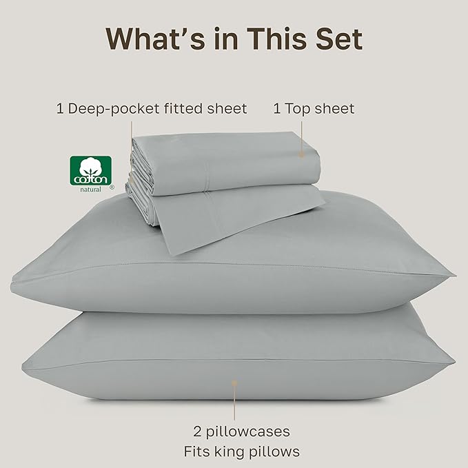 California Design Den King Size Bed Sheets Set - 100% Cotton Sheets, Buttery Soft 800 Thread Count Sateen, Durable Bedding Set - Light Grey