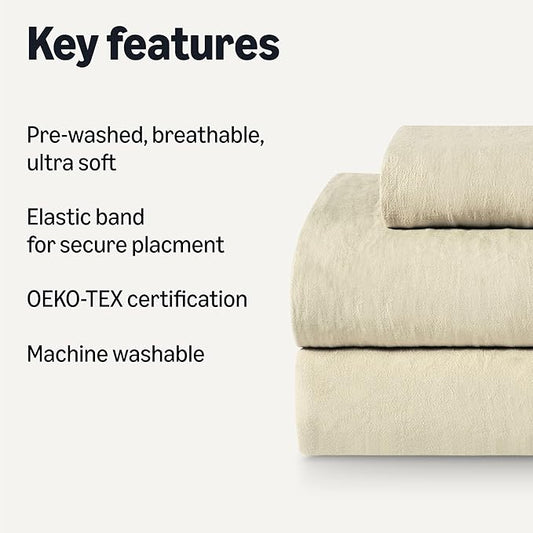 Amazon Basics Twin XL Bed Sheet, 3-Piece Bedding Set, Double Brushed Microfiber, Ultra Soft, Easy Care, Beige