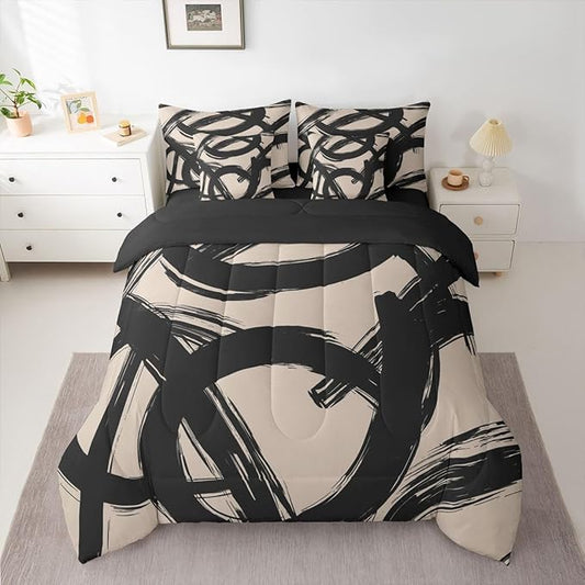 Erosebridal Black Beige Abstract 7 Piece Comforter Set Twin Bed in A Bag Modern Graffiti Minimalist Line Bedding Set Simple Cool Unique Geometric Sketch Sheet Set Ink Painting Aesthetic Quilt