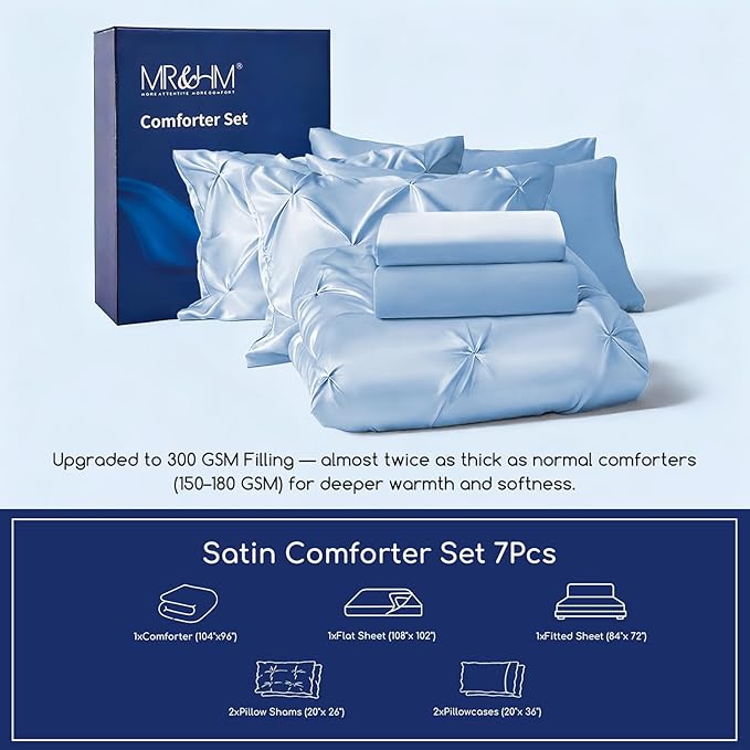 MR&HM Satin Comforter California King 7 Pieces Light Blue - Luxurious Pinch Pleat Bedding Set with Comforter, Flat Sheet, Fitted Sheet, Pillowcases & Shams, Super Silky Soft Bed Set for All Season