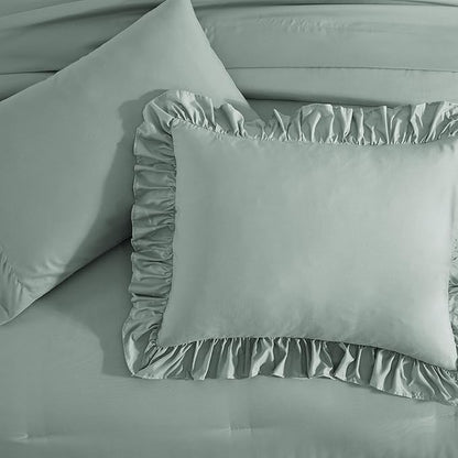 King Size Comforter Set Sage Green, Ruffle Shabby Chic Bedding Set Farmhouse 7 Pieces, All Season Fluffy Bed in a Bag with Sheets, Pillowcases & Shams