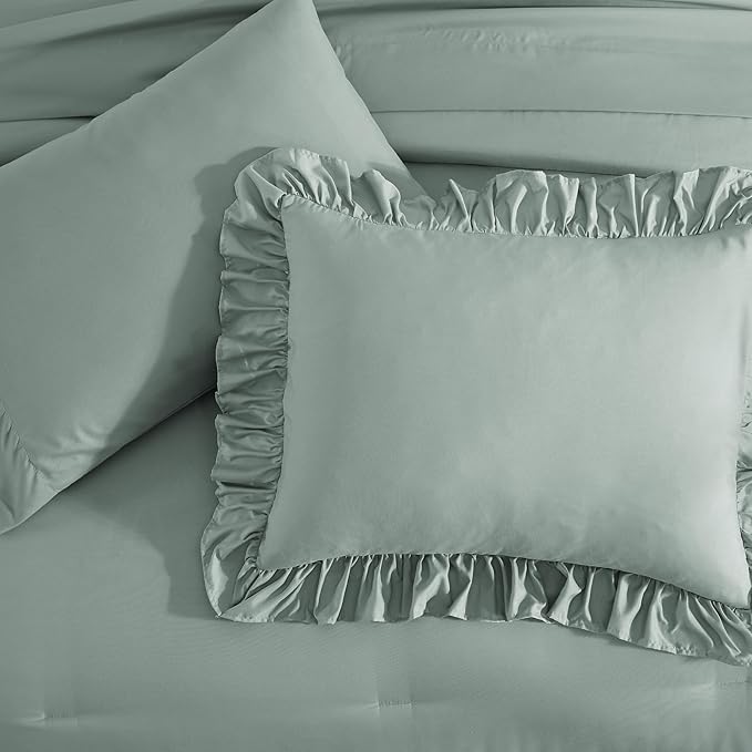 Queen Comforter Set Sage Green, Ruffle Shabby Chic Bedding Set Farmhouse 7 Pieces, All Season Fluffy Bed in a Bag with Sheets, Pillowcases & Shams