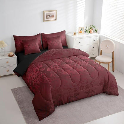 Erosebridal Gothic Damask Bed in a Bag King Size Comforter Set 7 Pieces,Exotic Moth Bedding Sets Red Victorian Floral Goth Sheet Set with Comforter