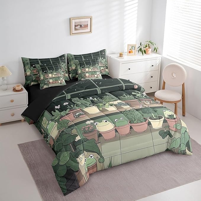 jejeloiu Cute Frog Bedding Set 7Pcs Twin Size Kids Cartoon Comforter Set with Sheets for Boys Girls Plant Bed in a Bag Soft Lightweight,Microfiber