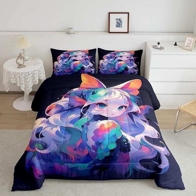 Erosebridal 3D Cartoon Printed Bedding Sets for Girls Anime Gifts Comforter 3Pcs, Japanese Girl Bed Comforter Set Kawaii Printing Duvet Set for All Season, King