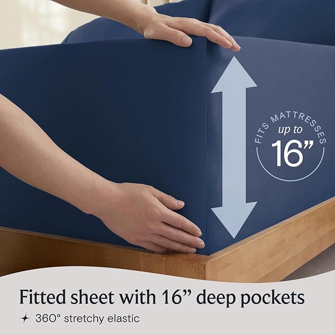LuxClub 5 PC Split King Sheet Set, Breathable Luxury Bed Sheets, Deep Pockets 18" Eco Friendly Wrinkle Free Cooling Sheets Machine Washable Hotel Bedding Silky Soft - Navy Split King