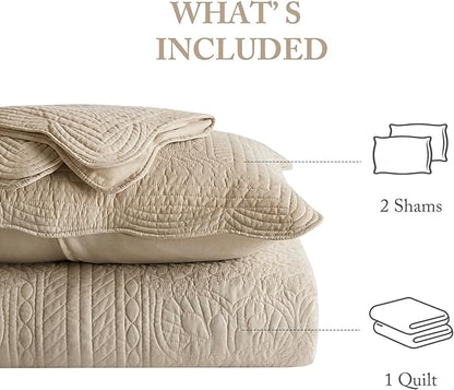 Madison Park King Quilt Set - Damask Coverlet Set for King Size Bed, Cottage Oversized Quilt Set, Scallop Edge, All Season, Pre-washed Cotton-Filled Quilt, Tuscany, Khaki 3 Piece