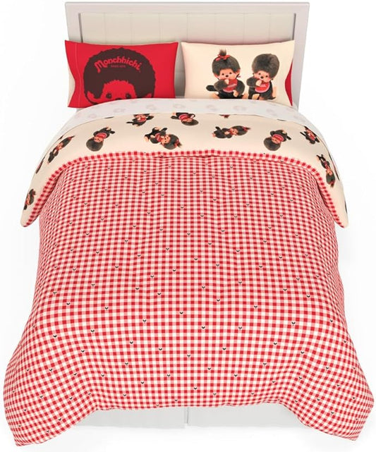 Monchhichi Bedding 7 Piece Queen Bed Set, Soft Cozy Nostalgia Reversible Comforter and Sheet Set with Sham, Officially Licensed Product by Franco