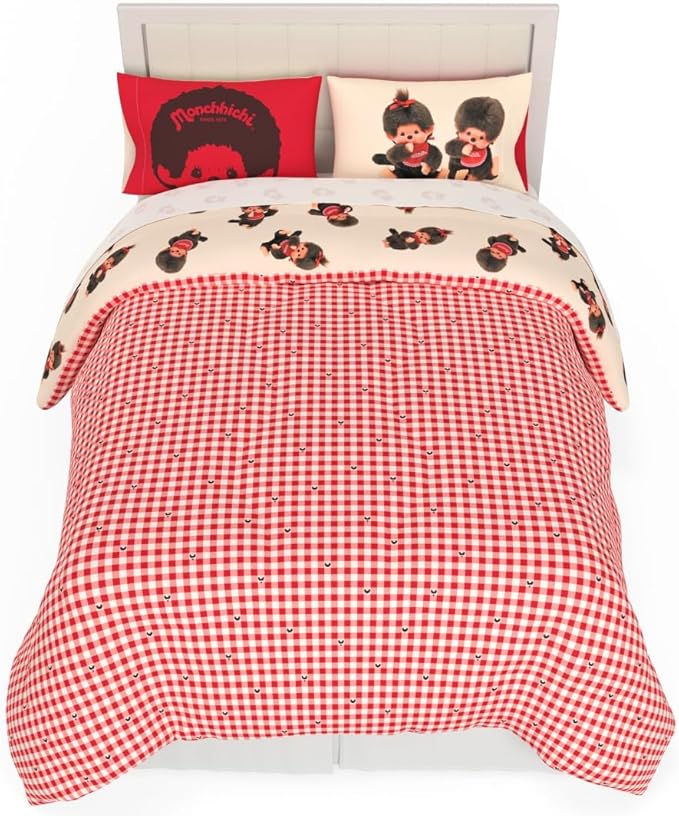 Monchhichi Bedding 7 Piece Full Bed Set, Soft Cozy Nostalgia Reversible Comforter and Sheet Set with Sham, (Officially Licensed Product) by Franco