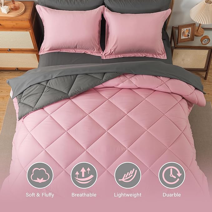 Cosybay Bed in a Bag Full Comforter Sets 7pcs All Season Solid Down Alternative Bedding Sets Pink and Grey with Comforter, Pillow Shams, Flat Sheet, Fitted Sheet and Pillowcases