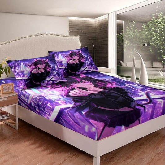 Erosebridal Kids Anime Girl Twin Size Bed Sheets, Japanese Anime Fitted Sheet, Cartoon Girl Bedding Set for Boys Teens Bedroom Decor, Kawaii Japanese Animation Bed Set with 1 Pillow Case