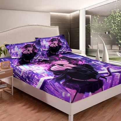 Erosebridal Kids Anime Girl Queen Size Bed Sheets, Japanese Anime Fitted Sheet, Cartoon Girl Bedding Set for Boys Teens Bedroom Decor, Kawaii Japanese Animation Bed Set with 2 Pillow Cases