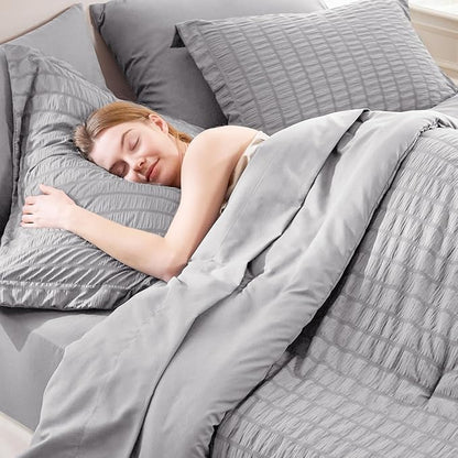 CozyLux King Size Comforter Set Grey Seersucker 7 Pieces Bed in a Bag King Comforter Set with Sheets, Gray Luxury Soft Bedding Sets with Down Alternative Comforter, Sheets, Pillowcases & Shams