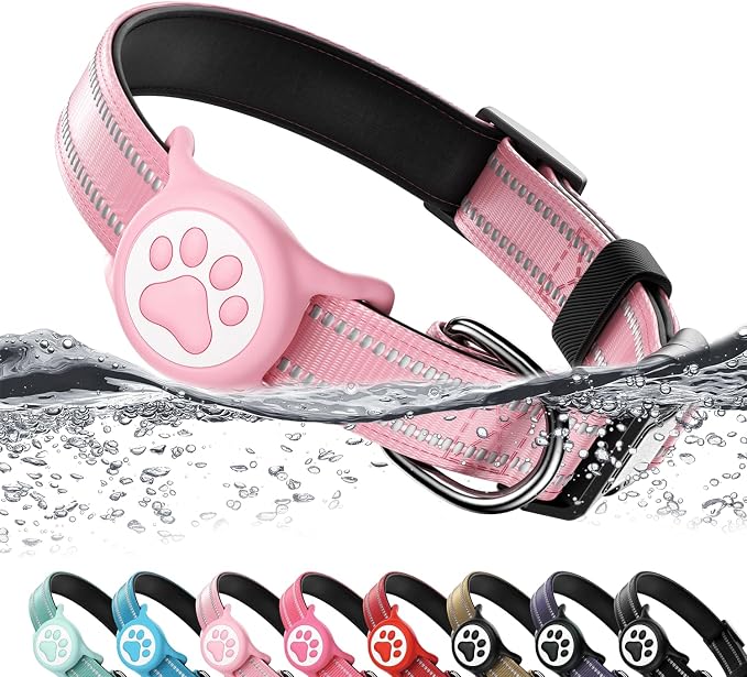 Premium Airtag Dog Collar,with IP68 Waterproof AirTag Holder,Pink,L | Soft,Breathable,Nylon Padded,Reflective,Ultra-Durable Buckle,Adjustable,Comfortable for Small Medium Large Dogs