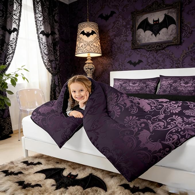 Erosebridal Gothic Damask 7 Piece Comforter Set Full Bed in a Bag,Halloween Bat Bedding Sets Purple Victorian Floral Goth Sheet Set with Comforter