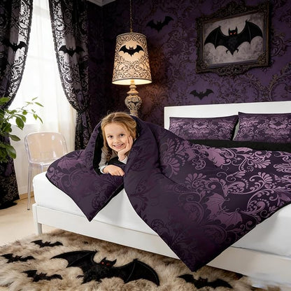 Erosebridal Gothic Damask Comforter Set 7 Piece Bed in a Bag Twin,Halloween Bat Bedding Sets Purple Victorian Floral Goth Sheet Set with Comforter