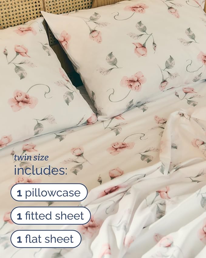 Floral Sheets - Floral Rose Bed Sheet Set - 1 Flat, 1 Fitted & 1 Pillowcase w/ Deep Pockets - Comfy, Wrinkle & Fade Free - Boho Botanical Bedding - Ultra-Soft, Breathable and Cooling - Twin Size Set