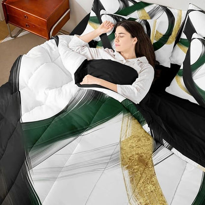 Erosebridal Abstract Black Gold 7 Piece Comforter Set King Geometric Green Minimalist Lines Bedding Set Modern Ink Painting Stripes Quilt Simple Aesthetic Fashion Neutral Sheet Set for Men