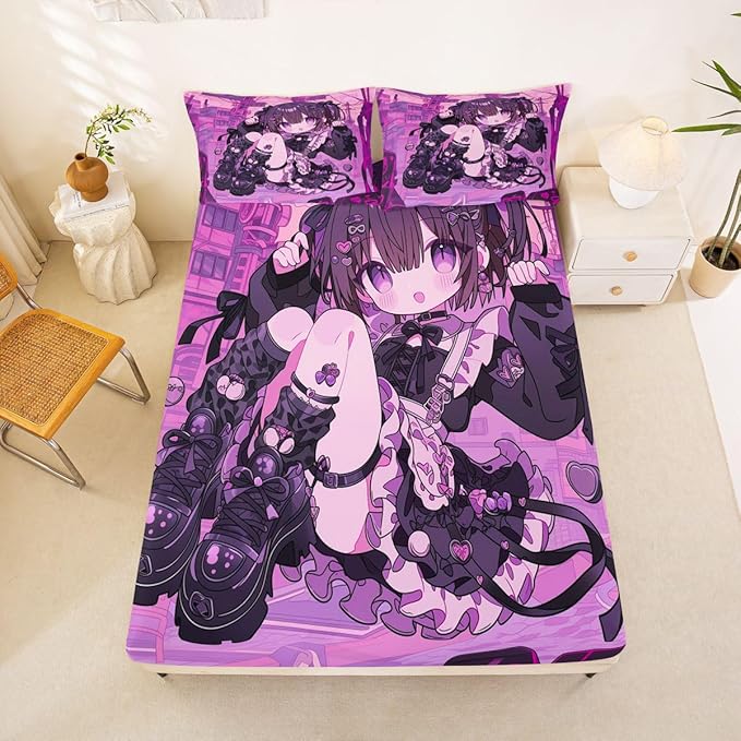 Erosebridal Kawaii Anime Girl Fitted Sheet Full 3D Japanese Style Bed Sheets for Boys Girls Uniform Girls Bed Set Girly Anime Gift Sheets with 2 Pillowcases