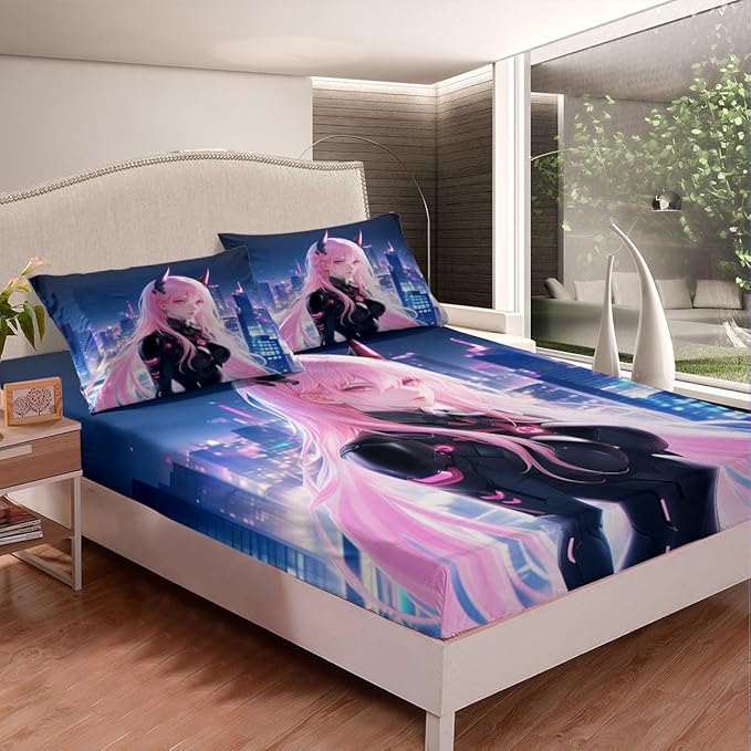 Erosebridal Japanese Anime Bed Sheets Twin Size, Anime Girl Fitted Sheet Kawaii Japanese Style Bedding Set Cartoon Japan Animation Bed Set for Boys Teens Adult Women Bedroom Decor
