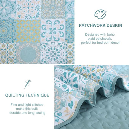 Dobuyly Patchwork Quilt Set King Size, Aqua Blue Boho Summer Bedspreads Coverlet Set, 3 Pieces Soft Lightweight Microfiber Quilt Bedding Set for All Seasons 110"x90"