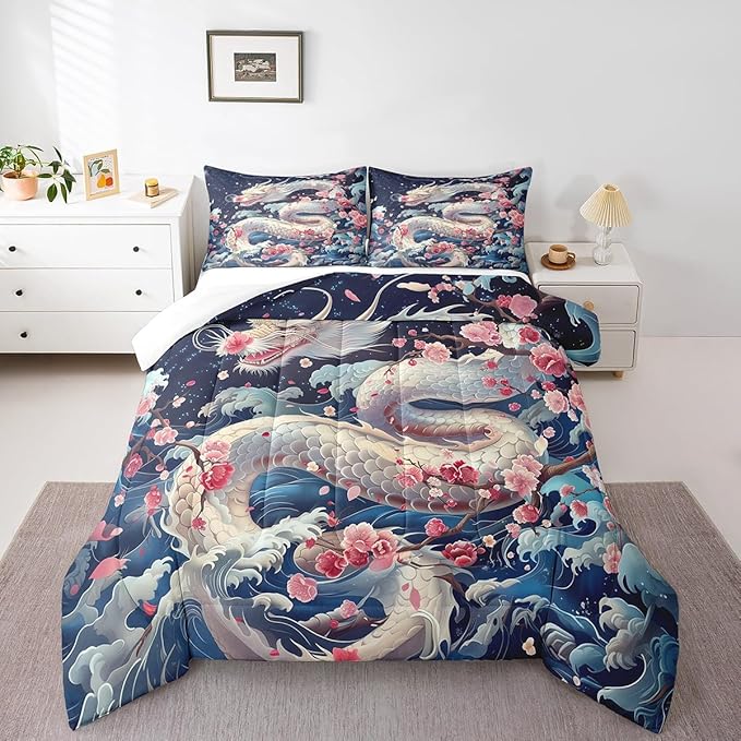 Dragon Bedding Set Queen Size,Pink Cherry Blossom Japanese Ukiyoe Comforter Set,Kids Girls Boys Teens Bedroom Decor,Ocean Sea Wave Quilt Set Western Wildlife White Dragon Duvet Insert,2 Pillowcases