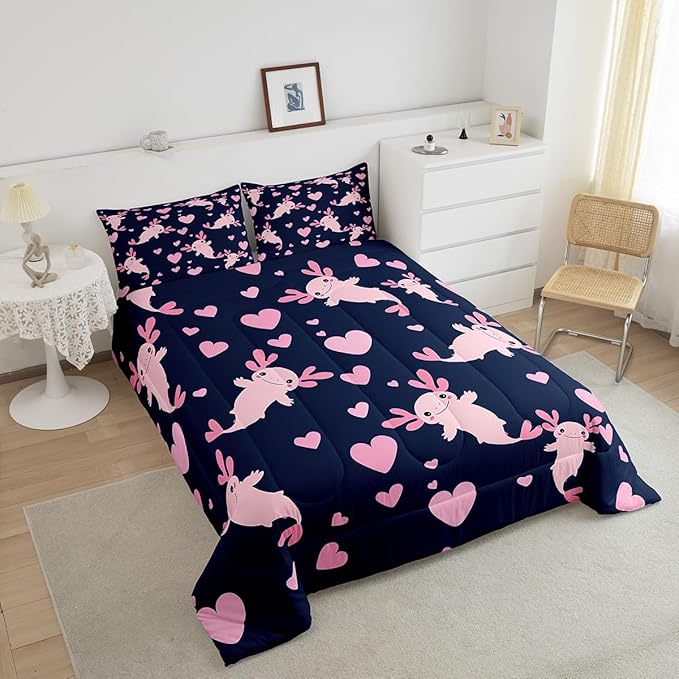 Feelyou Axolotl Comforter Set Toddler Size Heart Comforter for Boys Girls Teens Cute Axolotl Bedding Set Cartoon Salamander Duvet Set Room Decor Navy Blue Pink Quilt Set