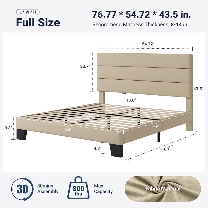 Allewie Full Size Platform Bed Frame with Fabric Upholstered Headboard | Wooden Slats Support, Fully Upholstered Mattress Foundation, No Box Spring Needed, Easy Assembly, Noise-Free, Beige