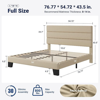 Allewie Full Size Platform Bed Frame with Fabric Upholstered Headboard | Wooden Slats Support, Fully Upholstered Mattress Foundation, No Box Spring Needed, Easy Assembly, Noise-Free, Beige