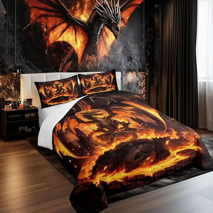 Castle Fairy Dragon Boys Kids Comforter Set Full Size,Orange Fire Western Animals Duvet Set Room Decor,Flames Dragon Brushed Microfiber Soft Bedding Comforter