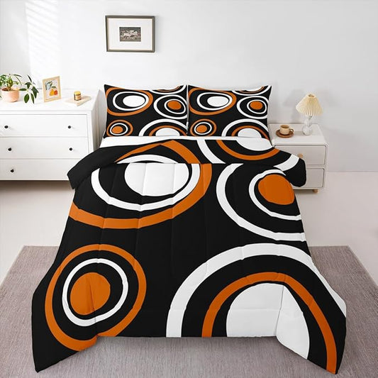 Erosebridal Orange Black Abstract Twin Bedding Sets for Adult Women Men Modern Striped Circles Comforter Set Boho Geometric Art Aesthetic Quilt Set Minimalist Black White Abstract Bed Collections