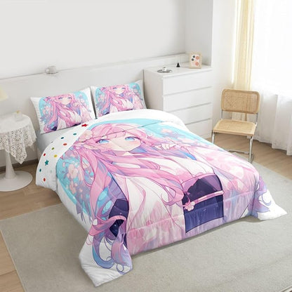 Erosebridal Girls Bedding Japanese Style Comforter Set King, 3D Anime Girl Duvet Insert Cartoon Kawaii Kimono Girl Bedding Comforter Sets Romantic Gifts for Her