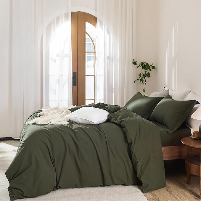 Olive Green Duvet Cover Oversize Queen Size, 100% Washed Cotton Bedding Set Cover 1 Duvet Cover 98inch x 98inch with Zipper Closure and 2 Pillowcases, Olive Green
