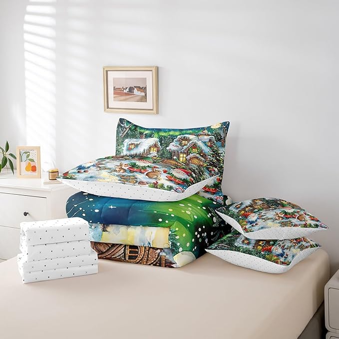Cartoon Christmas Cabin Comforter Set 7 Pieces,Winter Santa Gnome Bed Set,Rustic Botanical Flowers Bedding Bed in a Bag Soft,Full (1 Comforter,2 Pillowcase,2 Pillow Covers,1 Flat Sheet,1 Fitted Sheet)