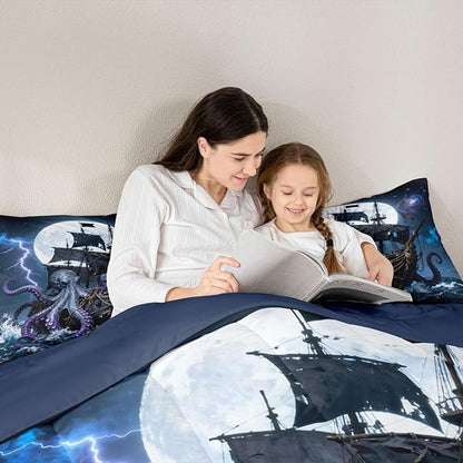 Castle Fairy Octopus Pirate Ship Comforter Set Full Size 3 Pcs,Moon Lightning Galaxy Night Sky Bedding Set for Kids Teens Adults,Wild Sealife Ocean Sailing Comforter Duvet Set with 2 Pillowcases