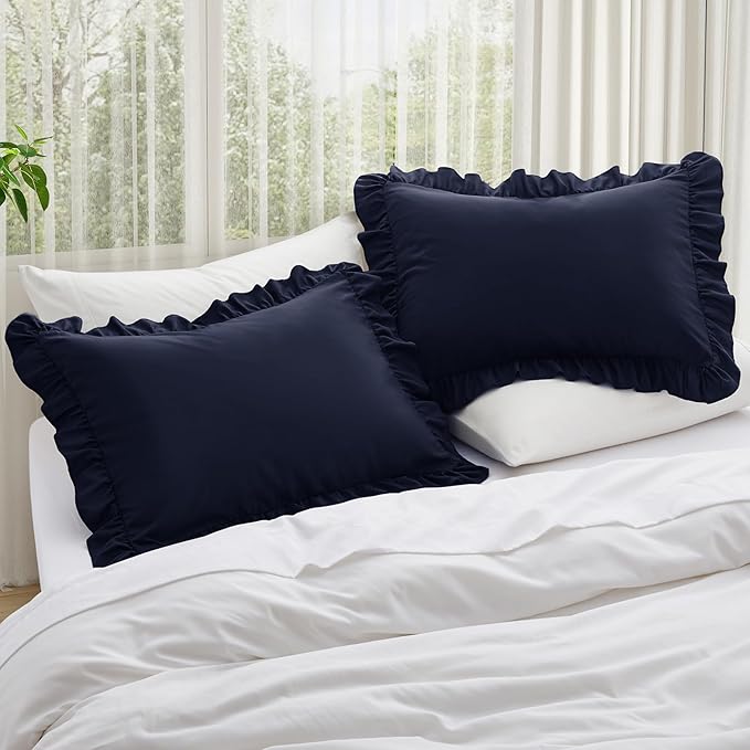 KKJIAF Ruffle Pillow Cases Standard Size Set of 2, Ruffled Pillow Covers with Envelope Closure, Wrinkle Resistant Ruffled Pillow Shams 20" x 26", Navy Blue