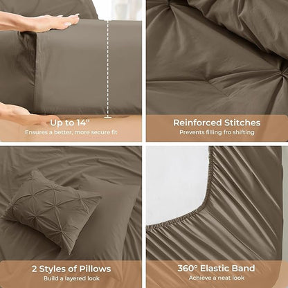 Sasttie California King Comforter Set, 7-Piece Bed in a Bag Cal King, Pintuck Bedding Set for All Season, Includes Comforter, Flat Sheet, Fitted Sheet, Pillowcases and Pillowshams, Brown