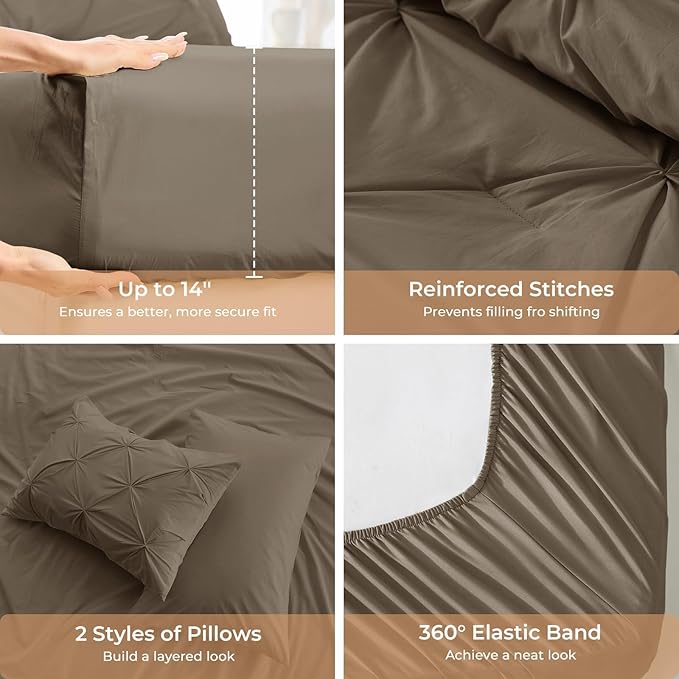 Sasttie Queen Comforter Set, 7-Piece Bed in a Bag, Pintuck Bedding Sets for All Season, Includes Comforter, Flat Sheet, Fitted Sheet, Pillowcases and Pillowshams, Brown