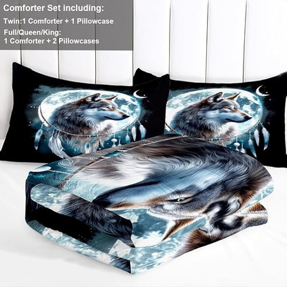 Wolf Comforter Set King Size, Wolves Moon Bedding Set, Dream Catcher & Animal Pattern on Black Bedding, Western Boho Tribal Comforter Soft Microfiber Down Quilt 3 Pieces