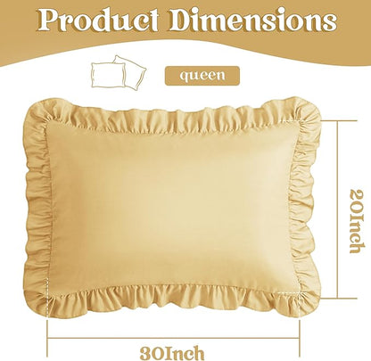 KKJIAF Ruffle Pillow Cases Queen Size Set of 2, Ruffled Pillow Covers with Envelope Closure, Wrinkle Resistant Ruffled Pillow Shams 20" x 30", Gold