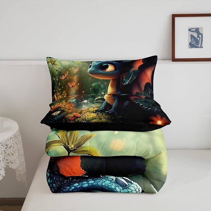 Castle Fairy Cute Dragon Comforter Set Toddler Size 2 Pcs,Mysterious Wild Animals Bedding Set,Kawaii Flower Animals Quilt Set for Child Bedroom,Duvet Insert,1 Pillowcase