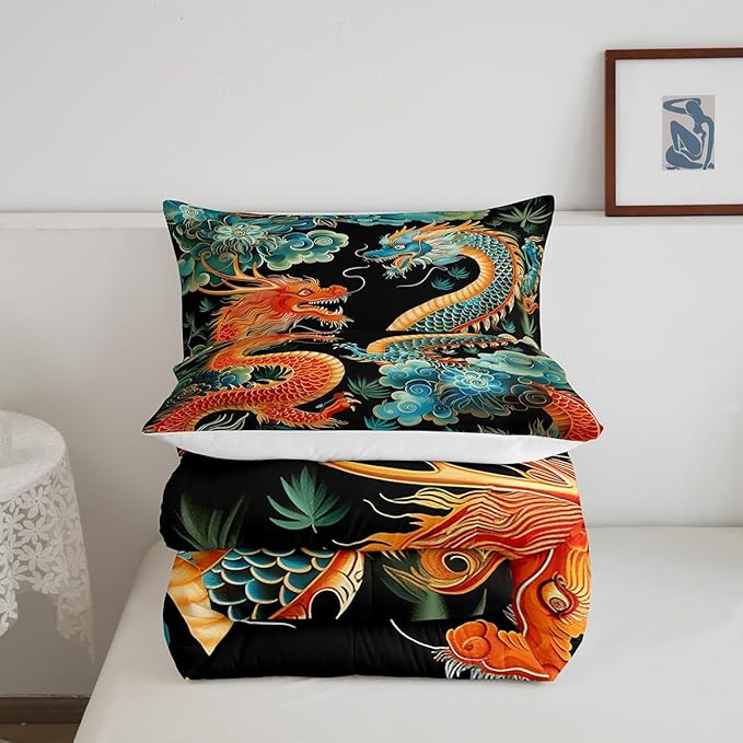 Castle Fairy Chinese Loong Boys Girls Comforter Set,Wild Animals Dragon Duvet Set for Room Decor,Propitious Cloud Brushed Microfiber Soft Quilt Cover,Full