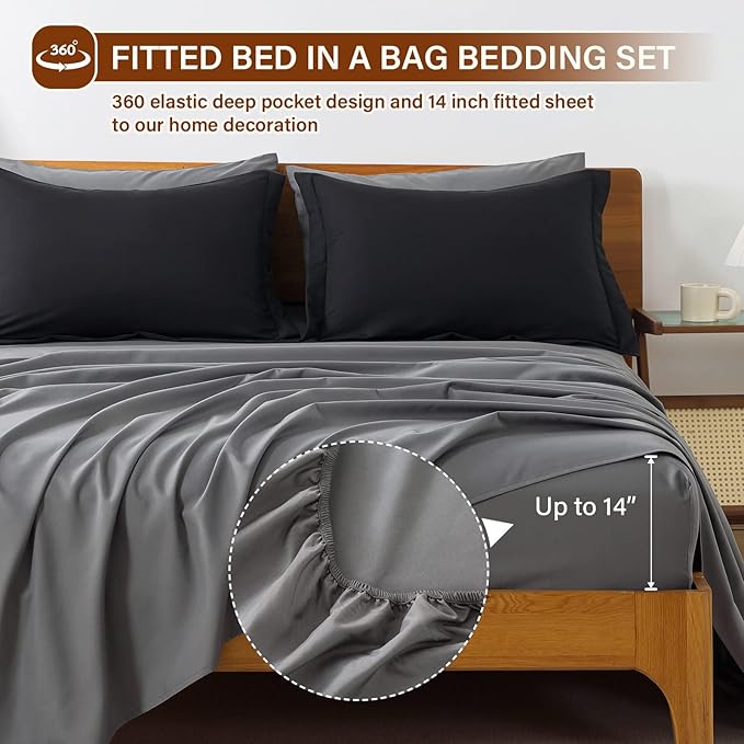 Cosybay Bed in a Bag King Reversible Comforter Sets 7pcs All Season Down Alternative Bedding Sets Black and Grey with Comforter, Pillow Shams, Flat Sheet, Fitted Sheet and Pillowcase
