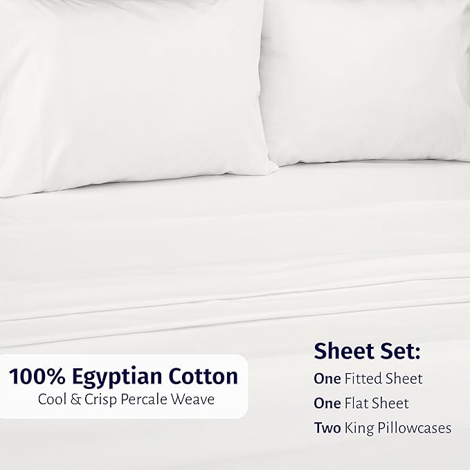 California Design Den King Size Sheets Set - Certified 100% Egyptian Cotton Sheets King Bed Sheet Set with Deep Pockets, Lightweight & Crisp Percale, Durable Luxury Bedding - Ivory