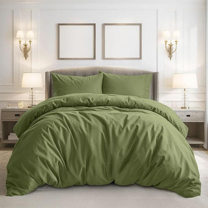 Pure Bedding Duvet Cover Queen Size - 3 Pieces Extra Soft Bedding Set, Includes 1 Duvet Cover 90x90 Inches with Zipper Closure & 2 Pillow Shams, Comforter Not Included, Olive Green