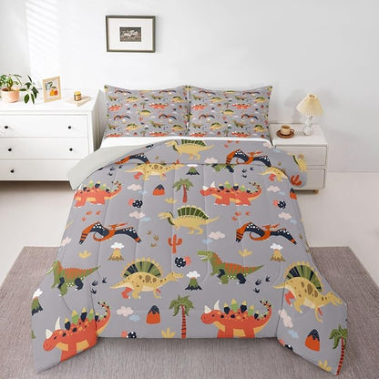 Feelyou Cartoon Dinosaur Comforter Set All Season Cute Bedding Set with 2 Pillow Cases Jungle Dino Kids Full Bedclothes Wild Animal Bedroom Decor Gray Duvet Quilt Breathable Soft