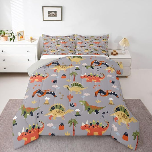 Feelyou Cartoon Dinosaur Comforter Set All Season Cute Bedding Set with 2 Pillow Cases Jungle Dino Kids Queen Bedclothes Wild Animal Bedroom Decor Gray Duvet Quilt Breathable Soft