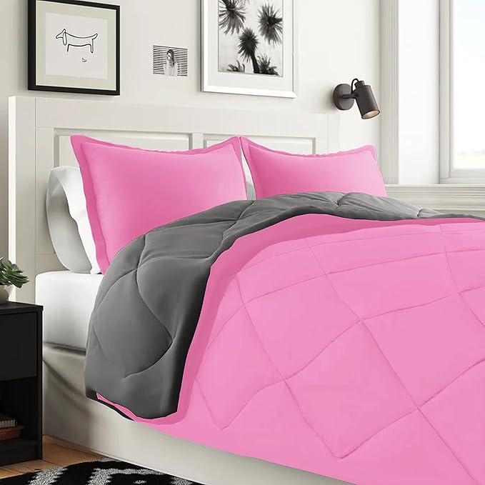 Elegant Comfort 7-Piece Bed-in-a-Bag Comforter & Sheet Set - Luxury 1500 Thread Count RV SHORT Size, Super Cozy, Wrinkle and Stain Resistant - Pink/Gray