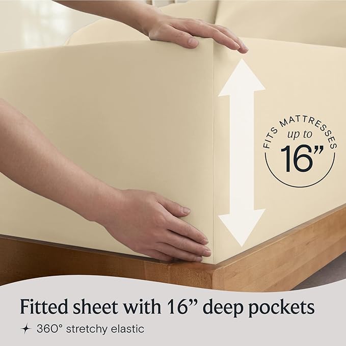 LuxClub 5 PC Split King Sheet Set, Breathable Luxury Bed Sheets, Deep Pockets 18" Eco Friendly Wrinkle Free Cooling Sheets Machine Washable Hotel Bedding Silky Soft - Cream Split King